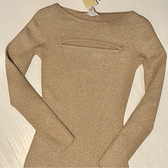 NWT Michael Kors Formfitting Long Sleeved Gold Y2K Knit Midi Dress, size Small - Picture 3 of 16